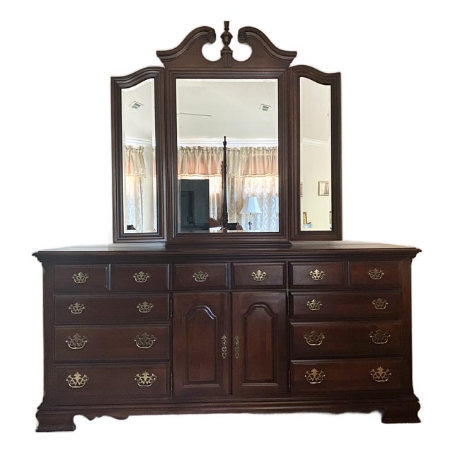 Late 20th Century Broyhill Premier Cherry Wood Triple Dresser & Triptych Split Swan-Neck Pediment Top Beveled Mirror Excellent “Mint” Condition For Sale