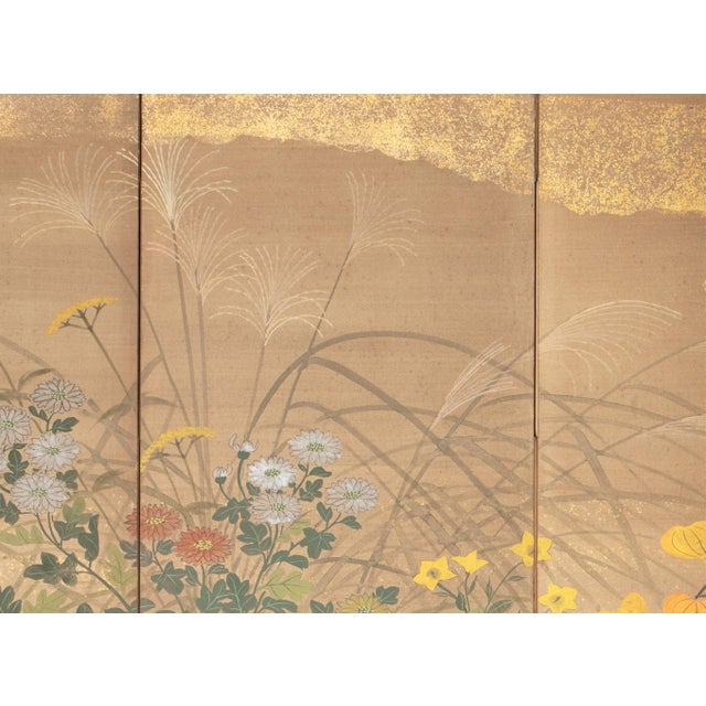 "Autumn Flowers" by Hideka, 24k Gold 1970s Showa Era Yamato-E Japanese Byobu Screen For Sale - Image 9 of 18