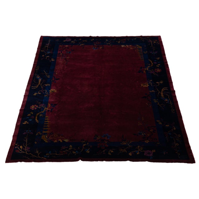 Antique Chinese Art Deco Rug in Deep Burgundy Plum With Floral & Bird Border For Sale - Image 11 of 12