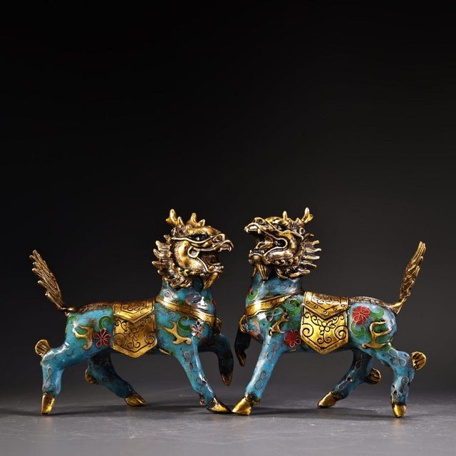 Traditional Mid 20th Century Pair of Gilt Cloisonne Enamel Qilin Figures – 5.1" Mythical Beast Statues For Sale - Image 3 of 10