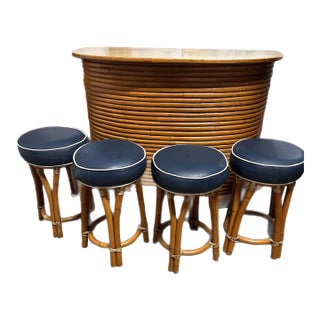 1940s Stacked Bamboo Dry Bar With Four Barstools in the Style of Paul Frankl - Set of 5 For Sale