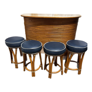 1940s Stacked Bamboo Dry Bar With Four Barstools in the Style of Paul Frankl - Set of 5