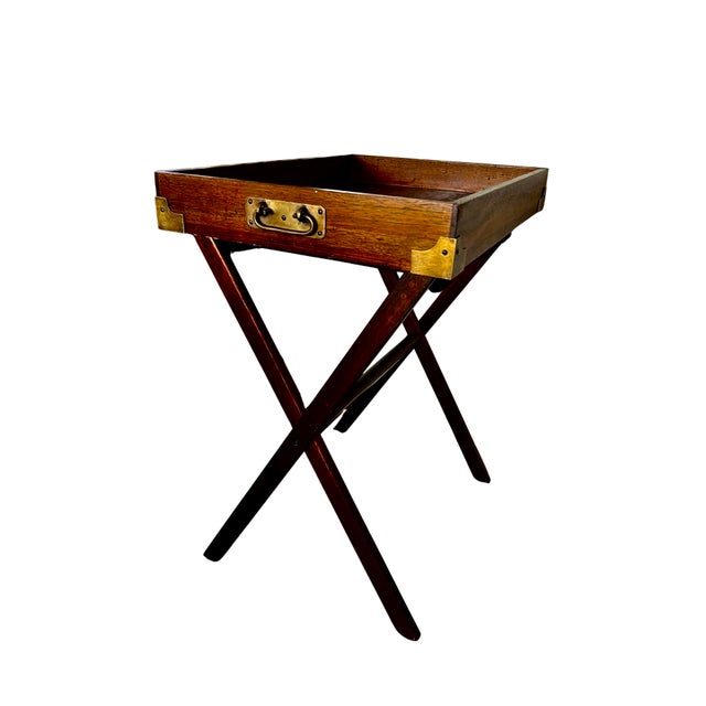 Campaign Vintage Campaign-Style Butler’s Tray Table – Mahogany Folding X-Frame With Brass Hardware, Removable Serving Tray For Sale - Image 3 of 12