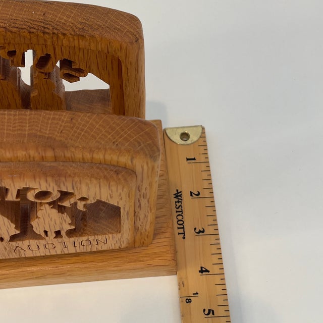 1990s Vintage Western "Superior Livestock Auction" Texas Cowboys Horses Ranching Silhouette Laser Cut Solid Oak Napkin Holder For Sale - Image 5 of 7