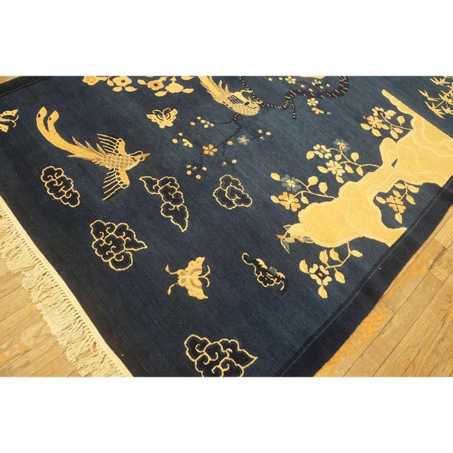 1920s Navy Blue Scene Pictorial Antique Chinese Peking Carpet Knotted Small Rug For Sale - Image 10 of 10