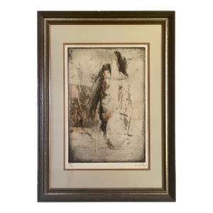 Vintage Lithograph Print of Abstract Female Nude Ink Sketch | Signed With Matted Frame