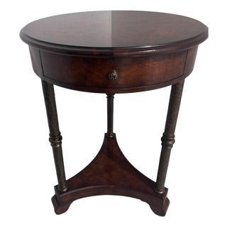 Theodore Alexander Burl Wood Accent / Martini Table With Drawer & Engraved Metal Supports For Sale
