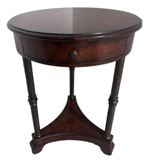 Theodore Alexander Burl Wood Accent / Martini Table With Drawer & Engraved Metal Supports