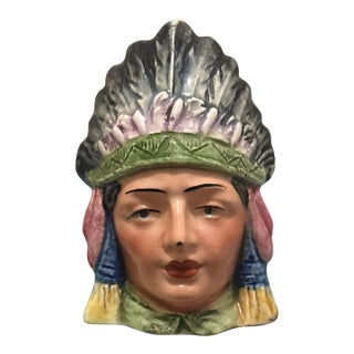 Antique Figural Majolica Native American Chief Tobacco Humidor Jar, Circa 1910 For Sale