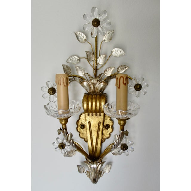 Early 20th Century Banci Gilt & Silvered Bronze Sconces, Italian With Rock Crystal Floral Motif Design -Pair For Sale In West Palm - Image 6 of 18