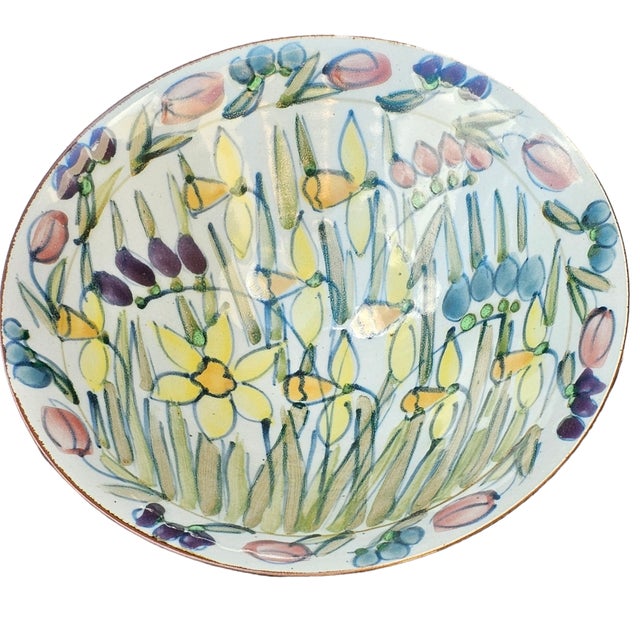 Green Large Hand Painted Floral Studio Pottery Porcelain Centerpiece Bowl 11" For Sale - Image 8 of 16