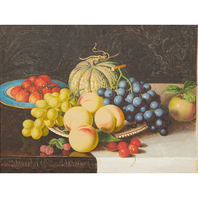 Alexander Stanesby (British, 1832-1916). Still Life with Grapes, Peaches, Strawberries and Gourd on a Platter. Gouache and...