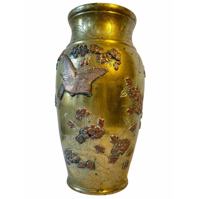 19th Century Antique Japanese High Relif Birds Flowers Mixed Metal Bronze Copper Brass Vase For Sale - Image 11 of 11