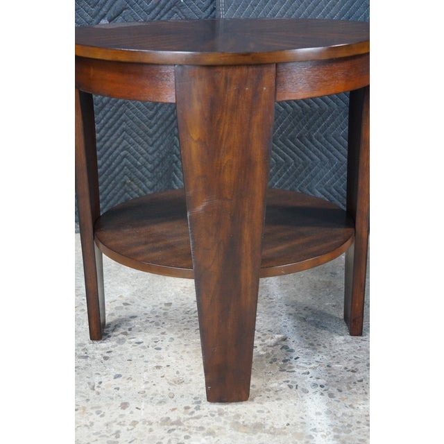 Brown Late 20th Century 2 Hammary Acacia Round Modern Tiered End Tables Nightstands Sunburst Top Pair For Sale - Image 8 of 18