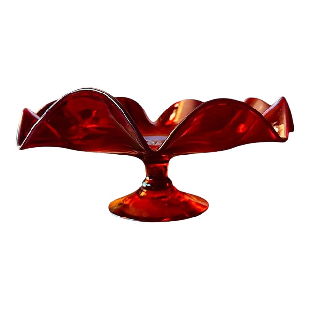 1960s Blenko Red Orange Footed Ruffled Blown Amberina Glass Compote Bowl For Sale