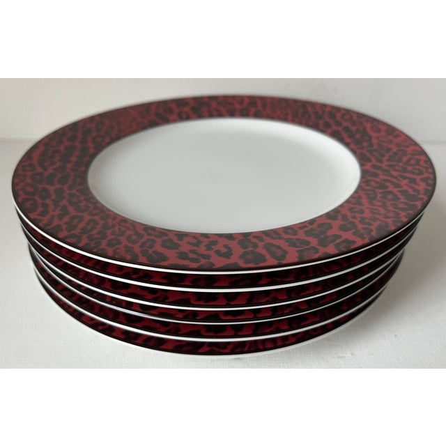 Modern Red Leopard Border Porcelain Plates-Set 6-Neiman Marcus For Sale - Image 3 of 9