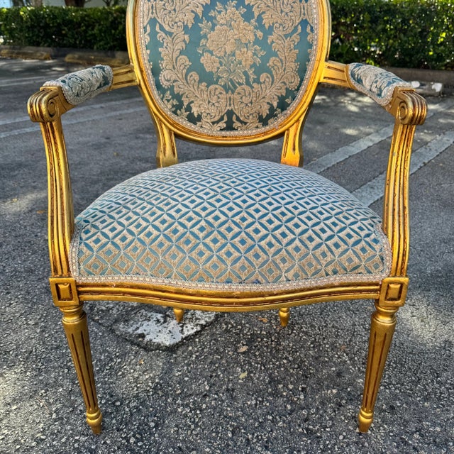 Textile Baroque Blue Damask Chair With Gold Leaf Details For Sale - Image 7 of 7