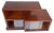 A multi-level mid-century modern teak wood credenza and shelves with sliding glass panels on the lower level. The left...
