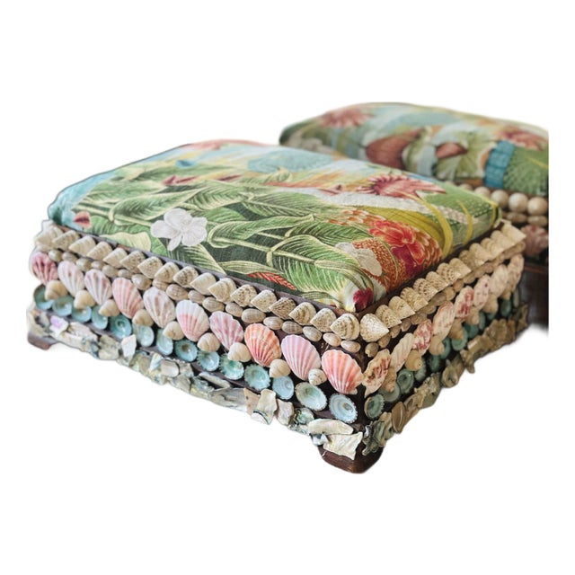 Antique Footstool Covered in Shells, Reupholstered in Designer Velvet For Sale