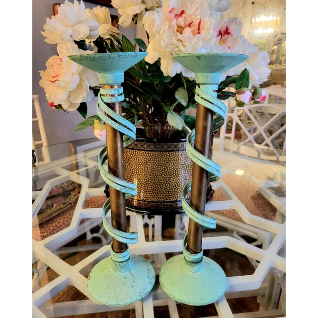 1940s Antique Brutalist Copper Brass Verdigris Cylindrical Candle Stick Holder a Pair For Sale - Image 5 of 8