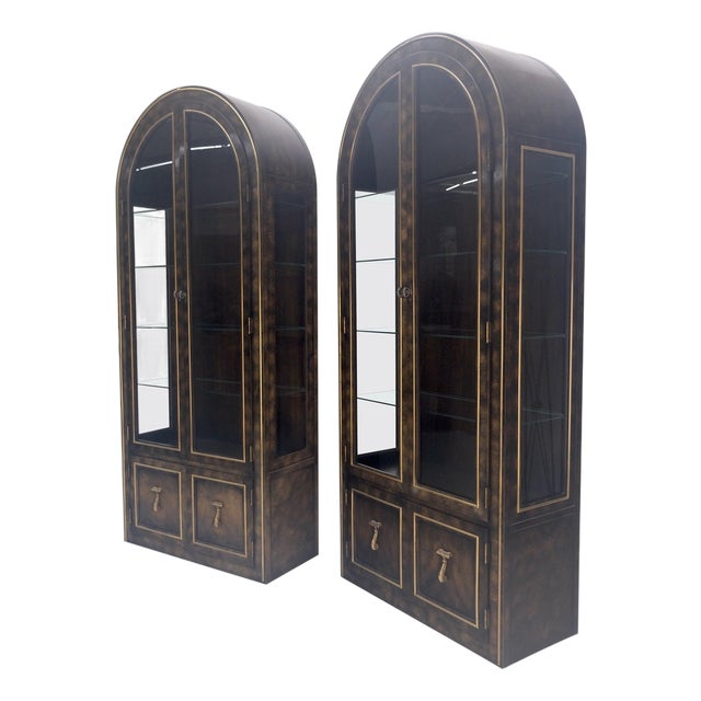 Pair of Burl Wood Dark Olive Green Dome Shape Vitrine Cabinets Mastercraft MINT For Sale