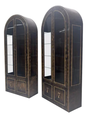 Pair of Burl Wood Dark Olive Green Dome Shape Vitrine Cabinets Mastercraft MINT