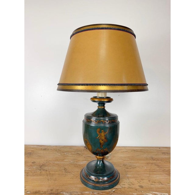 A magnificent and highly decorative vintage hand painted chinoiserie table lamp, rendered in the Neoclassical / Empire...
