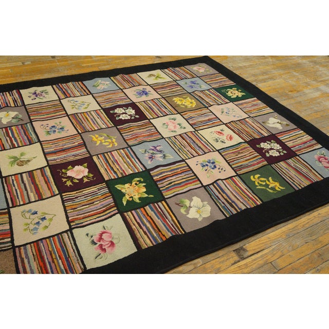 Wine 1930s Multicolor Geometric Folk Art American Hooked Rug 6' X 8'4" Handknotted Wool Carpet For Sale - Image 8 of 11