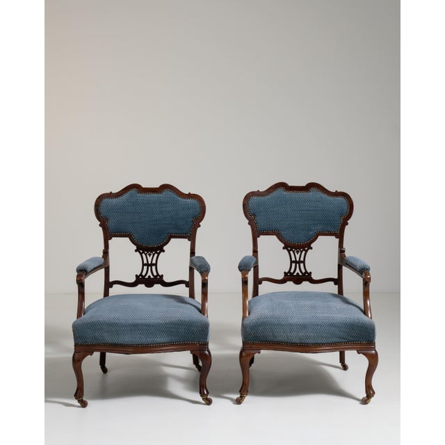 French Pair of Louis XV Upholstered Armchairs, Rococo Style, United Kingdom, 19th Century For Sale - Image 3 of 12