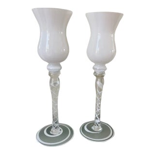 Glass White Tall Vases Candlesticks, Made in Poland - a Pair For Sale
