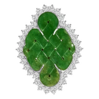 18K White Gold 2.00 Cttw Diamond Halo and Jade Shield Brooch Pin and Pendant For Sale