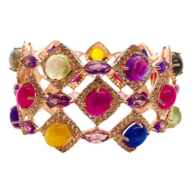 Bochic “Capri” Vintage Ruby & Multi Sapphire Bangle Set In 18K Gold & Silver For Sale