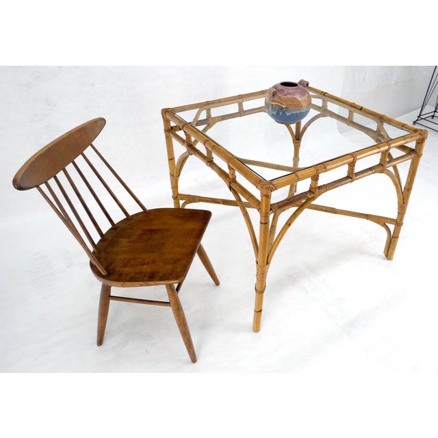 Glass Top 34" Square Mid Century Modern Burnt Bamboo Game Dinette Table MINT