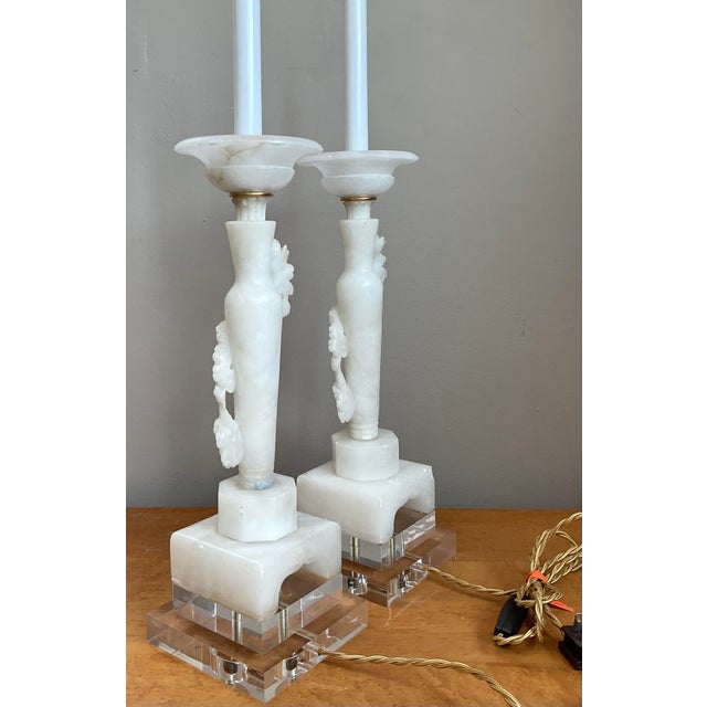 Alabaster Vintage Carved Alabaster Floral Ring Candlestick Lamps - A Pair For Sale - Image 8 of 12