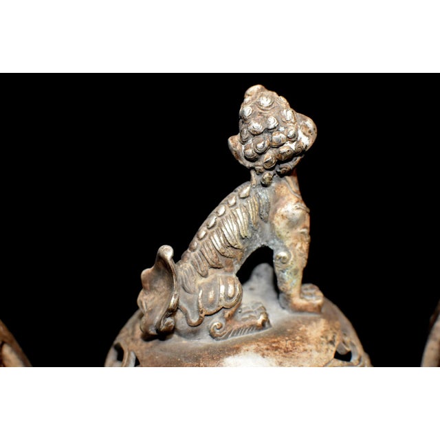 Asian Chinese Antique Incense Burner, Large, White Brass With Foo Dog For Sale - Image 3 of 13