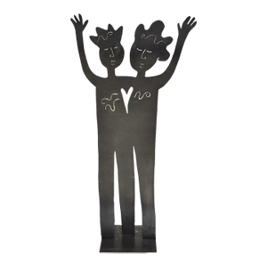 Late 20th Century Contemporary Modern Steel Metal Boy and Girl Welcome Statue Sculpture