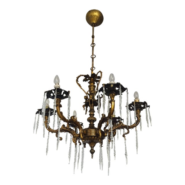 1970s Vintage Solid Bronze Rococo Cherub Chandelier 6 Light Putti Centerpiece Hollywood Regency For Sale