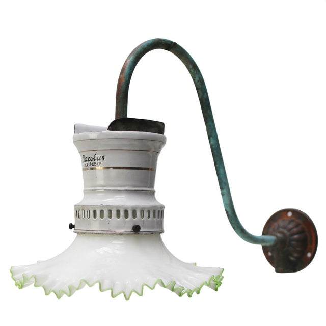 Sconce wall lamp / rewired gas lamp. Ca 1900. White enamel top with opaline reeded glass shade with clear green glass...