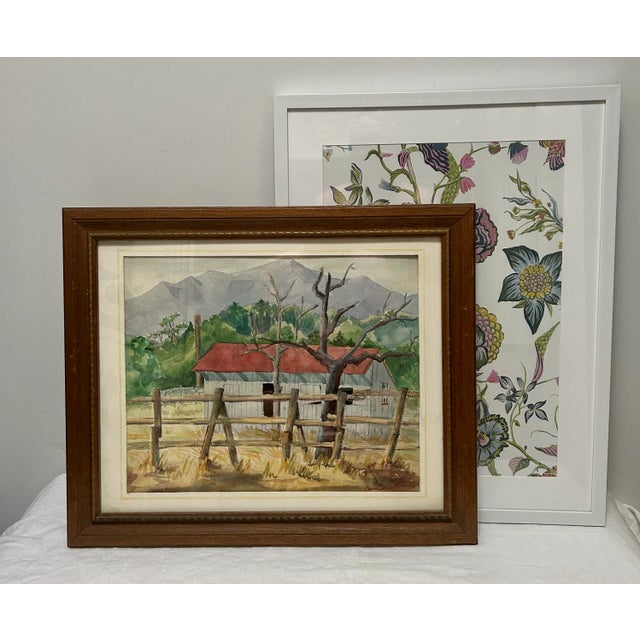 Wood Vintage Original Watercolor Painting “Red Roof Farmhouse”, Framed For Sale - Image 7 of 9