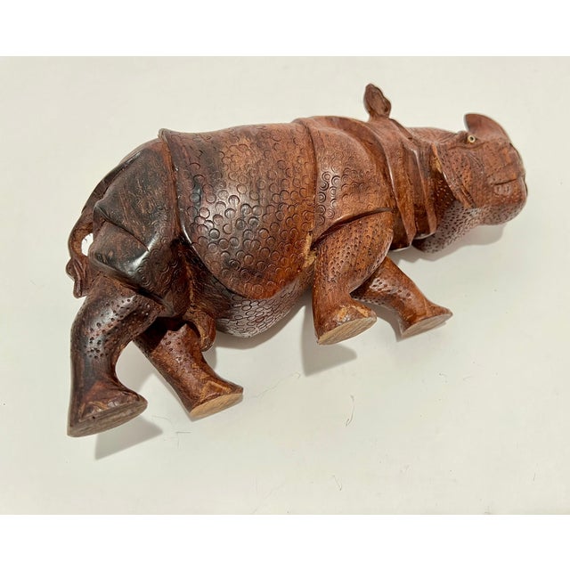 1970s Set of 3 Hand-Carved Solid Wood Rhinoceros Sculptures, Textured Hide, Inlaid Teeth and Toenails For Sale - Image 12 of 18