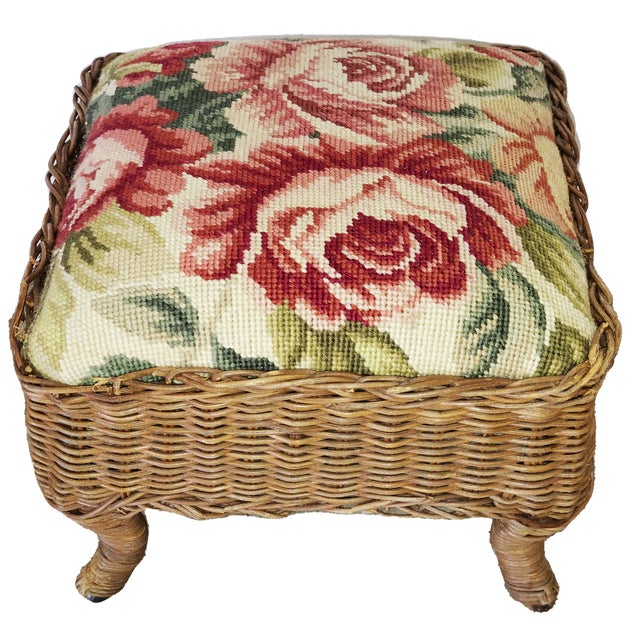 Wicker & Rose Needlepoint Footstool For Sale In Tulsa - Image 6 of 7