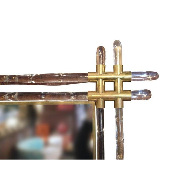 Mid-Century Modern 1970s French Lucite and Brass Faux Bamboo Wall Mirror For Sale - Image 3 of 13