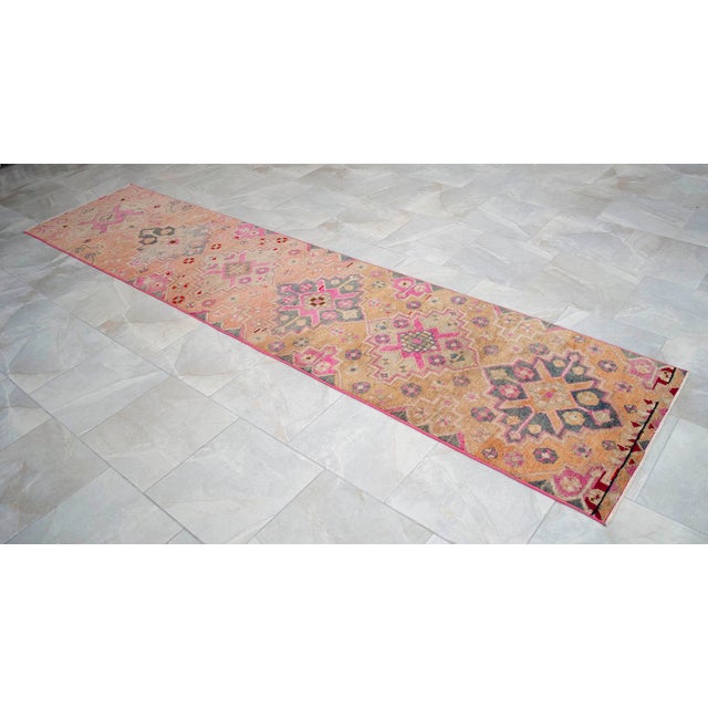 1960s Runner Rug Turkish Hand-Knotted Rug Pink Hallway Decor Kitchen Runner 3x12 Ft Approx For Sale - Image 13 of 16