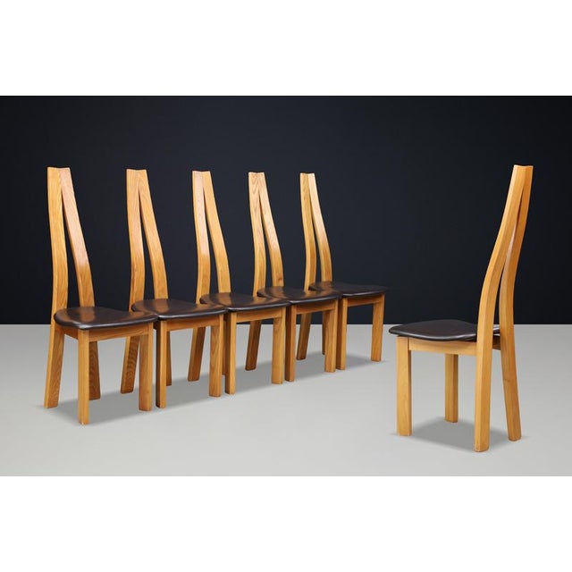 Sculptural Elm and Black Leather Dining Chairs, France, 1970s, Set of 6 For Sale - Image 13 of 17