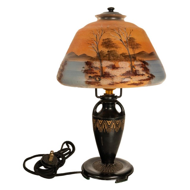 Antique Art Deco Moe Bridges Reverse Painted Landscape Boudoir Table Lamp 1920 For Sale - Image 15 of 17