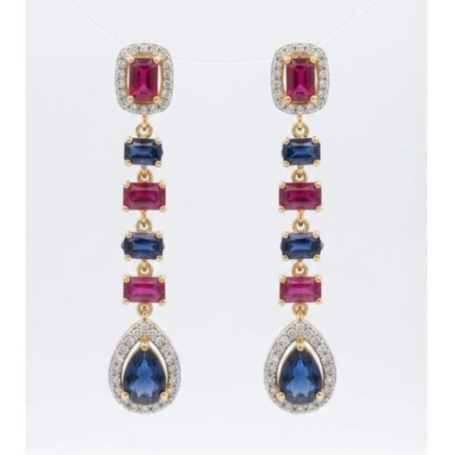 Blue Natural Ruby Blue, Sapphire, & Diamond Earring in 14k Gold For Sale - Image 8 of 8