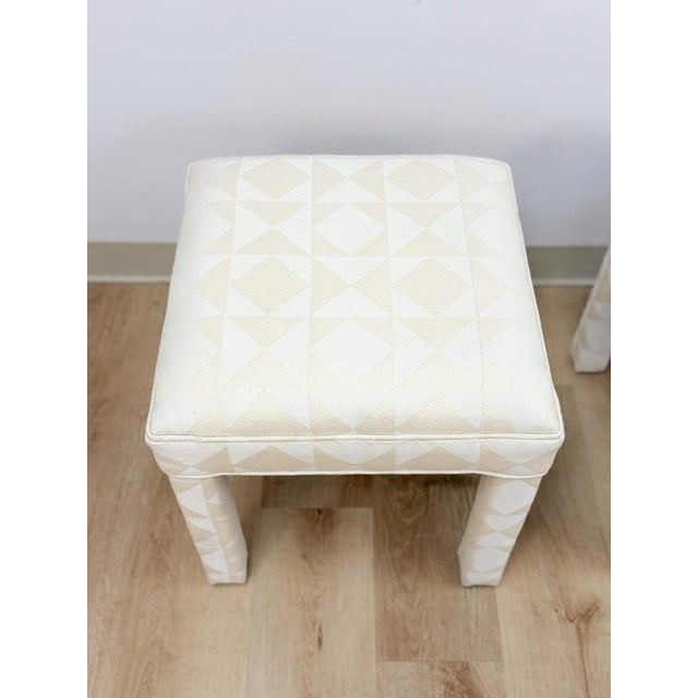 Milo Baughman Style White Parsons Upholstered Stool Pair Vintage MCM Cube For Sale In Tampa - Image 6 of 11