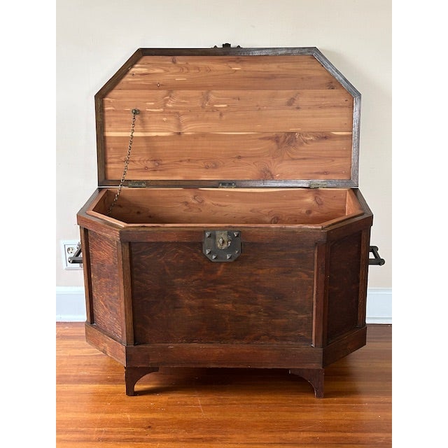 Beautiful early 20th century solid oak trunk with cedar lining. Impeccable craftsmanship. Eastlake style copper or bronze...