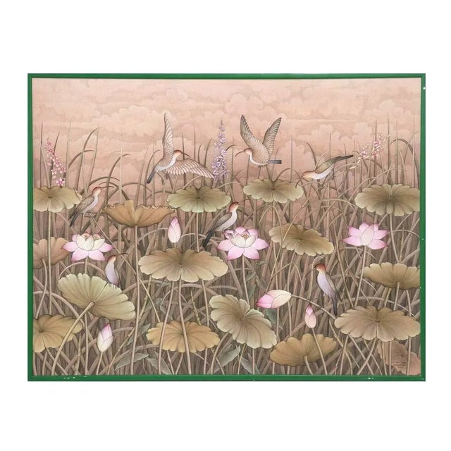 1980s Vintage Large Balinese Painting Birds & Lotus Flowers For Sale - Image 5 of 5
