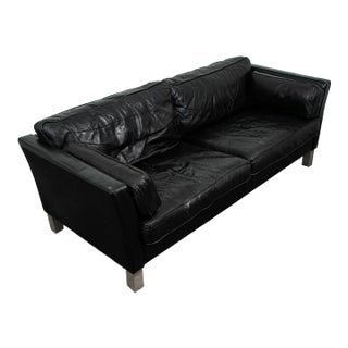 Mid Century Danish Modern Sofa Couch 2 Seat Leather Black Settee Metal Chrome Nm For Sale
